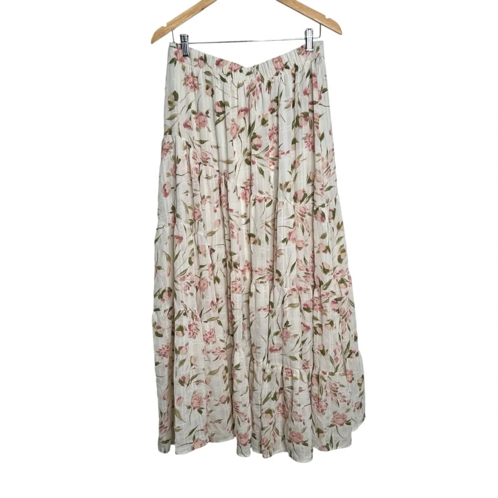 Altar'd State Sky Floral Midi Tiered Skirt Ivory Pink Floral Women’s Size XL - Picture 7 of 8